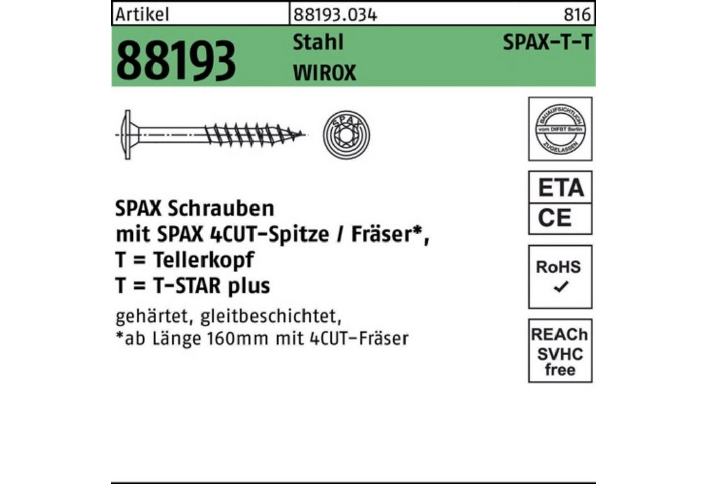 SPAX Teller 100er Pack Tellerkopfschraube R 88193 Spitze/T-STAR 10x100/80-T50 Sta von SPAX