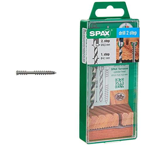 SPAX Terrassenschraube aus Edelstahl rostfrei A2, 5,0 x 50 mm, 200 Stück, 0537000500503 & Stufenbohrer mit 2 Bohrstufen von 4,1 und 6,5 mm, drill 2 step, Terrassenbau, 5009409873005 von SPAX