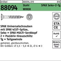 Schraube r 88094 Senkkopf m.Spitze/Kreuzschl.-PZ 4,5 x 55/37-Z tg Stahl galvanisch verzinkt wirox von SPAX