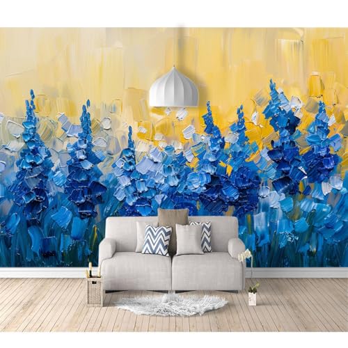 3D Effekt Tapete In Voller Größe selbstklebend Abstraktes Ölgemälde in der Landschaft mit blauen Blumen 100x70cm Kulisse Dekorative Kunst Moderne Tv Die Fototapete Wandbild Wohnzimmer Schlafzimmer von SPECUFX