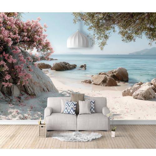 3D Pvc Tapetee selbstklebend Strand, Steine, Blumen, Bäume, Meereslandschaft 100x70cm Eingang Hintergrund Restaurant Home Office Wandbild Fototapete 3d Tapete Effekt Vlies Wandbild Schlafzimmer von SPECUFX