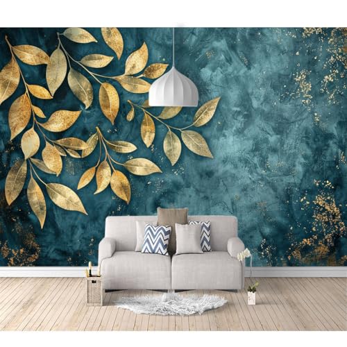Art Fototapete 3d Effekt Wallpaper selbstklebend Goldenes Laub Pflanze blau 100x70cm Wandbild Wohnzimmer Tapeten Heimtextilien Wanddekoration Tapete effekt wandbild Schlafzimmer von SPECUFX