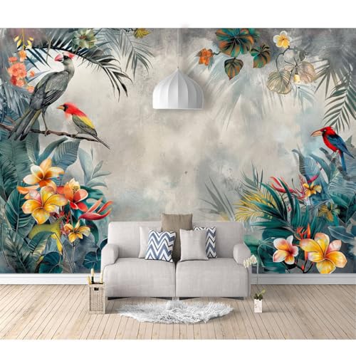 Art Fototapete 3d Effekt Wallpaper selbstklebend Regenwald Blumen und Vögel grau 100x70cm Wandtapete Motivtapete Tapeten Moderne Wanddeko Wohnzimmer Schlafzimmer Büro Flur von SPECUFX
