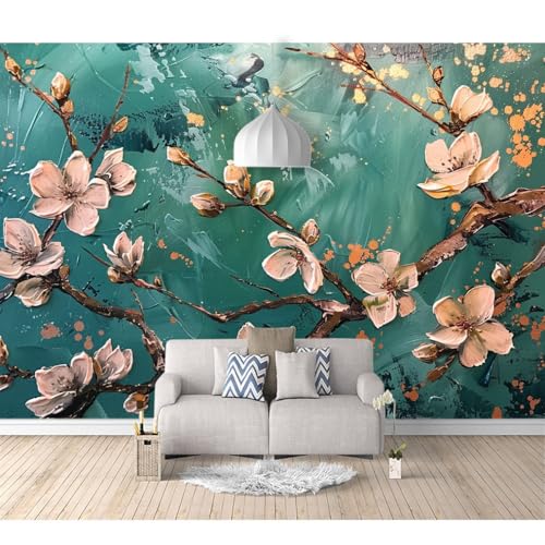 Art Fototapete 3d Effekt Wallpaper selbstklebend Vintage Ölgemälde Blumen Pflaume Blüte Cyan 100x70cm Wandtapete Motivtapete Tapeten Moderne Wanddeko Wohnzimmer Schlafzimmer Büro Flur von SPECUFX