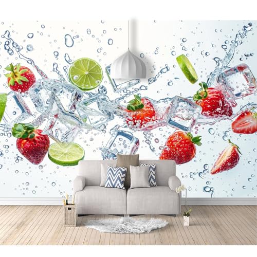 Fototapete 3D Effekt Tapete Schlafzimmer selbstklebend Eiswürfel, Früchte, Erdbeeren, Zitronen 100x70cm Fresko Tv Tapeten Wohnzimmer Wandtapete Poster Bilder von SPECUFX