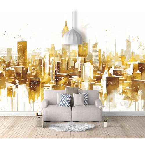 Fototapete 3D Effekt Tapete Schlafzimmer selbstklebend Gold, Schwarz, Weiß, Aquarell Stadtgebäude 100x70cm Fresko Tv Tapeten Wohnzimmer Wandtapete Poster Bilder von SPECUFX