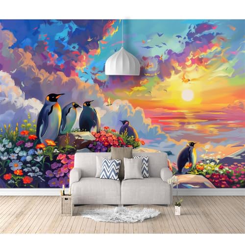 Fototapete 3D Effekt Tapete Schlafzimmer selbstklebend Pinguinblumen werden bemalt 100x70cm Fresko Tv Tapeten Wohnzimmer Wandtapete Poster Bilder von SPECUFX