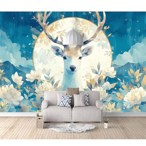 Fototapete 3D Effekt Tapeten selbstklebend Nordisches Blumen-Hirschtier 100x70cm Hintergrund Design Tapete Fototapeten Wandtapete Wohnzimmer Schlafzimmer Wand Schmücken von SPECUFX