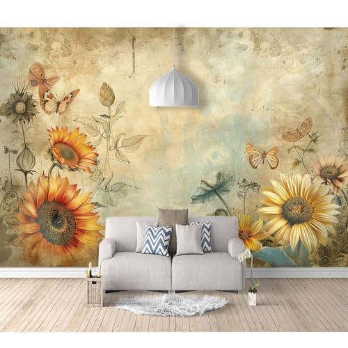 Fototapete 3D Effekt Vinyl Tapete selbstklebend Vintage Sonnenblume Blume Schmetterling 100x70cm Tapeten 3D Wandbilder Wohnzimmer Tv Hintergrundbild Wanddeko von SPECUFX