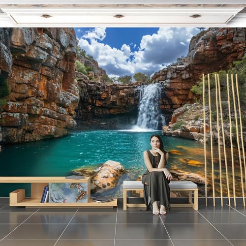 Fototapete 3D Effekt Wandbilder selbstklebend Landschaft: Berg, Wasserfall, Baum, Natur 100x70cm Wohnzimmer Schlafzimmer Esszimmer TV Hintergrund Wanddekoration Tapete von SPECUFX