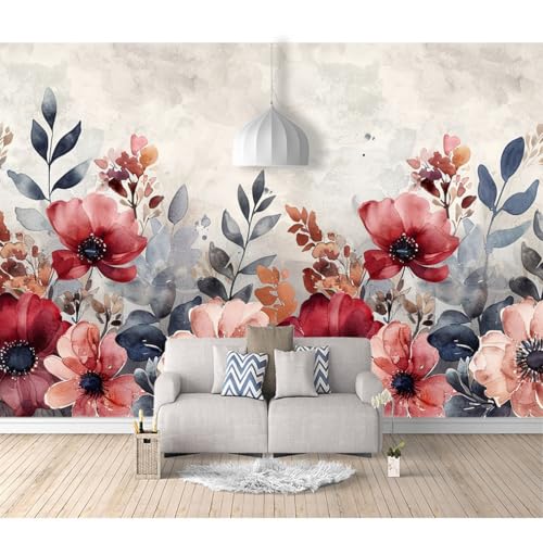 Fototapete 3D Effekt selbstklebend Vintage Blumen Aquarell Blatt grau 100x70cm Wohnzimmer Schlafzimmer Tapete Wandtapete Hohe Auflösung Montagefertig von SPECUFX