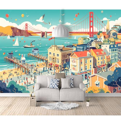 Fototapete 3D selbstklebend Blick auf die Brücke und die Stadt 100x70cm Tapeten Wandtapete XXL Moderne Wanddeko Design Wand Dekoration Wohnzimmer Schlafzimmer Büro Flur von SPECUFX