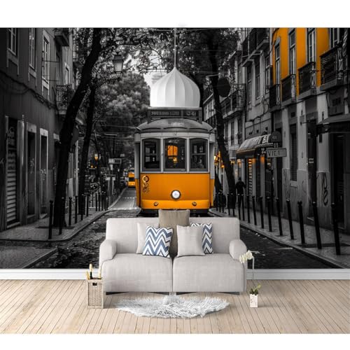 Fototapete 3D selbstklebend Schwarz Weiß Stadtgebäude Gelbes Auto 100x70cm Bild Dekoration Wand-Dekor Moderne Motiv-Tapete Panorama Poster XXL Möbelfolie von SPECUFX