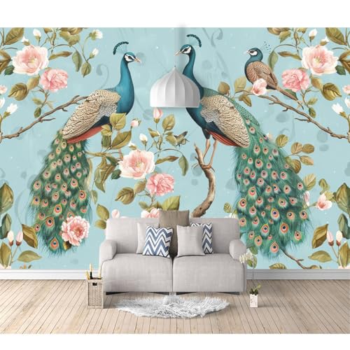 Fototapete 3D selbstklebend Vintage Blumentier Pfau Cyan 100x70cm Tapeten Wandtapete XXL Wanddeko Design Wand Dekoration Wohnzimmer Schlafzimmer Büro von SPECUFX