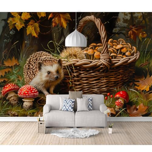 Fototapete 3d Effekt Tapete Raumerweiterung selbstklebend Igel-Pilze 100x70cm Dreidimensionale Großes Wandbild Wohnzimmer Esszimmer TV Sofa Hintergrund von SPECUFX