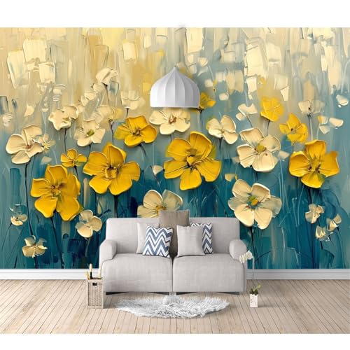 Fototapete 3d Effekt Tapete Raumerweiterung selbstklebend Ölgemälde Blumen weiß grau 100x70cm Dreidimensionale Großes Wandbild Wohnzimmer Esszimmer TV Sofa Hintergrund von SPECUFX