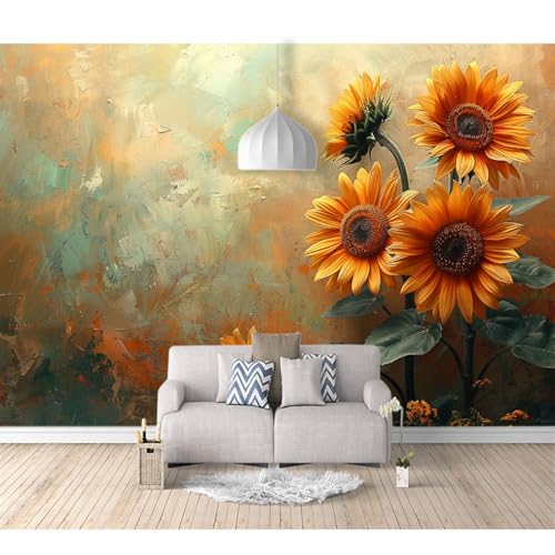 Fototapete 3d Effekt Tapete Raumerweiterung selbstklebend Ölgemälde von riesigen Blumen Sonnenblumen 100x70cm Dreidimensionale Großes Wandbild Wohnzimmer Esszimmer TV Sofa Hintergrund von SPECUFX