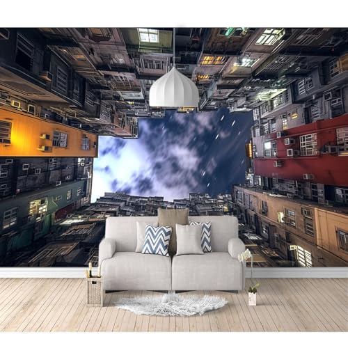 Fototapete 3d Effekt Tapete Raumerweiterung selbstklebend Optische Täuschung der Nachtansicht von Stadtgebäuden 100x70cm Dreidimensionale Großes Wandbild Wohnzimmer Esszimmer TV Sofa Hintergrund von SPECUFX