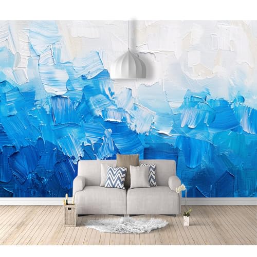 Fototapete 3d Effekt Tapete Raumerweiterung selbstklebend Schlichtes handgemaltes Ölgemälde blau und weiß 100x70cm Dreidimensionale Großes Wandbild Wohnzimmer Esszimmer TV Sofa Hintergrund von SPECUFX