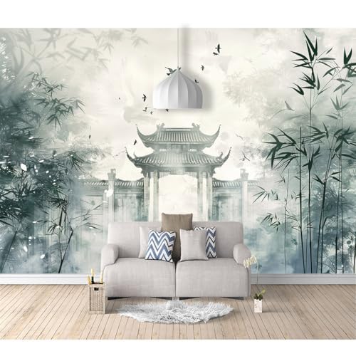Fototapete 3d Effekt Tapete Raumerweiterung selbstklebend Vintage Aquarell Bambus Gebäude Cyan 100x70cm Dreidimensionale Großes Wandbild Wohnzimmer Esszimmer TV Sofa Hintergrund von SPECUFX