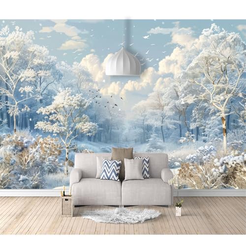 Fototapete 3d Effekt Tapete Raumerweiterung selbstklebend Winterwaldbäume mit Silberschnee 100x70cm Dreidimensionale Großes Wandbild Wohnzimmer Esszimmer TV Sofa Hintergrund von SPECUFX