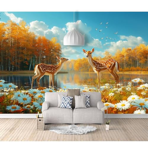 Fototapete 3d Effekt selbstklebend Landschaft, Pappeln, Rehe Natur 100x70cm XL Tapete Wandbild Bild Tapeten Wandtapete Wand Schlafzimmer Wohnzimmer von SPECUFX