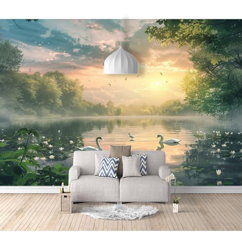 Fototapete 3d Effekt selbstklebend Schwanensee, Wald, Sonnenuntergang, Natur, Landschaft 100x70cm XL Design Tapete Fototapeten Tapeten Wandtapete moderne Wandbild Wand Schlafzimmer Wohnzimmer von SPECUFX