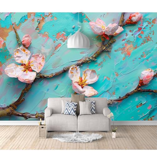 Fototapete 3d Effekt selbstklebend Vintage Ölgemälde Blumen Pflaume Blüte Cyan 100x70cm XL Design Tapete Fototapeten Tapeten Wandtapete moderne Wandbild Wand Schlafzimmer Wohnzimmer von SPECUFX