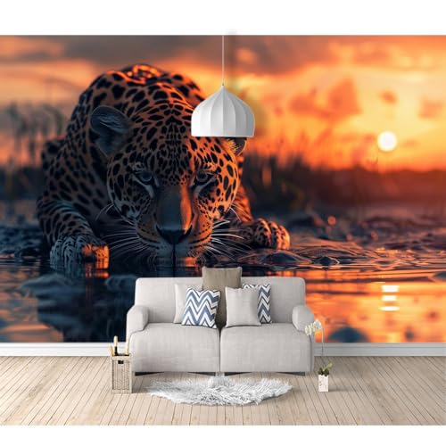 Fototapete 3d Effekt selbstklebend Wilde Tiere Leopard Reflexion bei Sonnenuntergang 100x70cm XL Design Tapete Fototapeten Tapeten Wandtapete moderne Wandbild Wand Schlafzimmer Wohnzimmer von SPECUFX