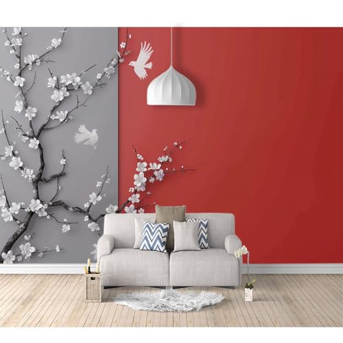 Fototapete selbstklebend Blumen und Vögel Pflaumenblüte rot 100x70cm Tapete Wandbild Bild Fototapeten Tapeten Wandtapete Wanddeko 3D Effekt von SPECUFX
