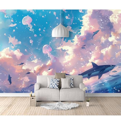 Fototapete selbstklebend Fantasie Aquarell Qualle am Himmel 100x70cm Tapeten Wandtapete XXL Wanddeko Design Wand Dekoration Wohnzimmer Schlafzimmer Büro Flur 3D Effekt von SPECUFX