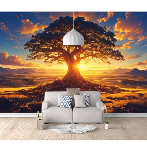 Fototapete selbstklebend Fantasy Baum goldener Sonnenuntergang 100x70cm Tapete Wandtapete Dekorfolie Tapetenfolie Wand Dekoration Wandaufkleber Wohnzimmer von SPECUFX