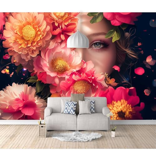 Fototapete selbstklebend Frau Gesicht Blumen 100x70cm Tapete Wandtapete Dekorfolie Tapetenfolie Wand Dekoration Wandaufkleber Wohnzimmer von SPECUFX