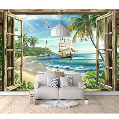 Fototapete selbstklebend Segelboot mit Landschaft vor dem Strandfenster 100x70cm Tapeten Wandtapete XXL Wanddeko Design Wand Dekoration Wohnzimmer Schlafzimmer Büro Flur 3D Effekt von SPECUFX