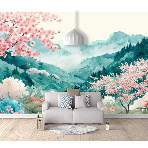 Fototapete selbstklebend Tusche Landschaft rosa Blumen 100x70cm Tapete Wandbild Bild Fototapeten Tapeten Wandtapete Wanddeko 3D Effekt von SPECUFX