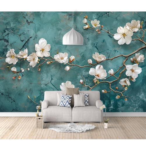Fototapete selbstklebend Vintage Blumen Pflaume Blaugrün 100x70cm Tapete Wandbild Bild Fototapeten Tapeten Wandtapete Wanddeko 3D Effekt von SPECUFX