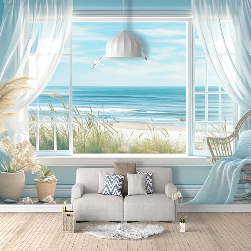 SPECUFX Art Fototapete 3d Effekt Wallpaper Fenster blaues Meer Möwen Strand XL Wanddeko Wandbild Wandtapete 3D-Optik Landschaft Panorama Wohnzimmer Schlafzimmer Wandbild 300x210cm von SPECUFX