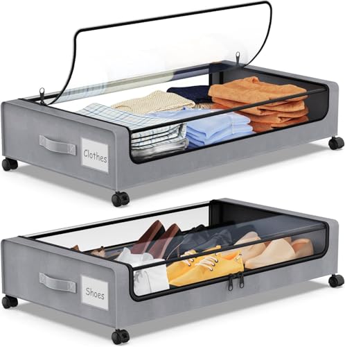 SPEEDEVE 2 Stück Unterbett Aufbewahrungsbox 50L Unterbettkommode mit Rollen Bettkasten Organizer mit PVC deckel Unterbettbox für Kleidung Schuhe Decken Bettwäsche,Grau,2er-Pack von SPEEDEVE