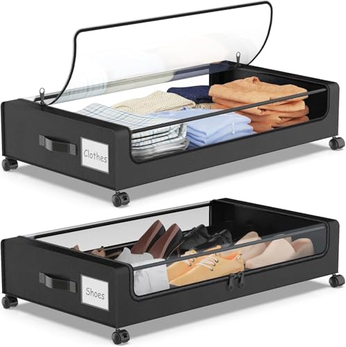 SPEEDEVE 2 Stück Unterbett Aufbewahrungsbox 50L Unterbettkommode mit Rollen Bettkasten Organizer mit PVC deckel Unterbettbox für Kleidung Schuhe Decken Bettwäsche,Schwarz,2er-Pack von SPEEDEVE