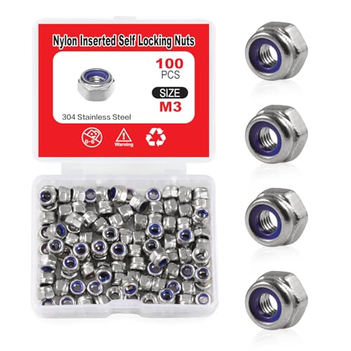 SPEEDWOX 100 Stück M3 x 0,5 mm Nylon-Einsatzmuttern, selbstsichernde Muttern, 304 Edelstahl, Sechskant-Kontermutter mit Aufbewahrungsbox für Sicherungsscheiben von SPEEDWOX