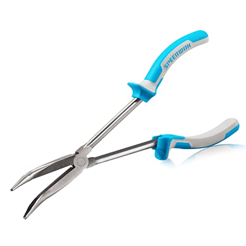 SPEEDWOX Lange Reichweite gebogene Spitzzange 27,9 cm 45 Grad Präzisions-Feinzange für Mechaniker Techniker Bauunternehmer Hochleistungs-Profiwerkzeug rutschfester TPR-Griff gezackte Backen von SPEEDWOX