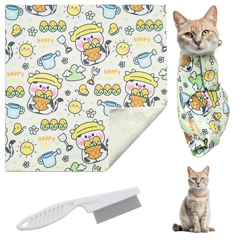 SPERMUOY Cat wrap for Grooming,Cat Wrap for Cutting Nails Katzenpflegetuch,Katzenfesseln zum Nagelknipsen mit Kamm,Katzenpflegetasche Pflegeprodukte für Katzen(70 * 70cm) von SPERMUOY