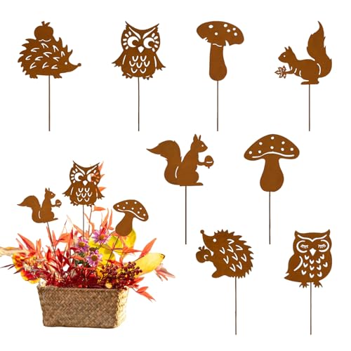 SPERMUOY Gartenstecker Herbst Rost Deko,8er Gartenstecker Rost Herbstdeko Ros-t Gartensteck-er für Herbstdeko, Eulen Deko für Innen Blumentopf Terrasse von SPERMUOY