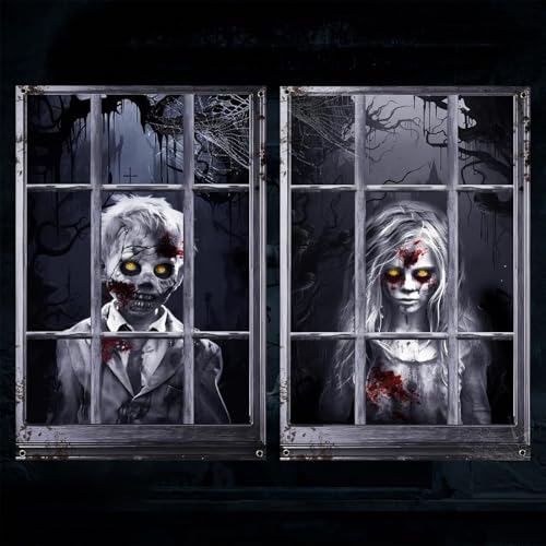 SPERMUOY Halloween Deko Gruselig Fensterbilder 2 Stück Halloween Deko Fenster Geistervorhang 120 x 80cm fensterdeko Horror Themen Poster für Outdoor Innen von SPERMUOY