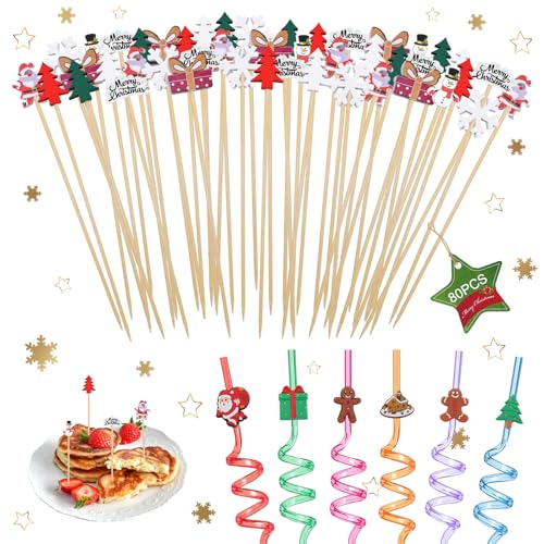 SPERMUOY Cocktailspieße Weihnachten,80 Stück Weihnachten Spieße Fingerfood Weihnachten Holzspieße Cocktail Party mit Strohhalme,Weihnachtsparty CocktailPicks für Weihnachtsfeier & Trinken Dekoration von SPERMUOY