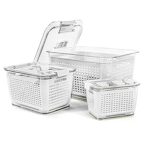 Spesh Frischhaltedosen Set Kühlschrank Organizer Wiederverwendbar Vorratsdosen 3er-Set (0,5L+1,7L+4,5L) Kunststoff Kühlschrank Organizer Set mit Deckel und Abtropfsieb (Weiß,3er Set) von Spesh