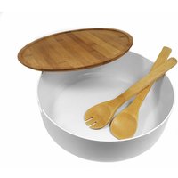 XXL Salatschüssel inklusive Bambus Besteck 30 cm - weiß - Kunststoff Schale groß mit Holz Deckel - Rührschüssel Servierschüssel Obstschale Schüssel von SPETEBO