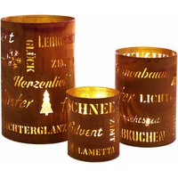 Spetebo - Metall Weihnachts Windlicht rund Rost Optik 3er Set - Sprüche - Winter Tisch Deko Laterne Kerzen Halter von SPETEBO