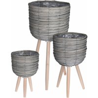 3er Set Rattan Blumenständer grau - ø 30 cm / 25 cm / 21 cm - Pflanztopf auf Holz Beinen direkt bepflanzbar - Blumen Topf Pflanz Kübel von SPETEBO