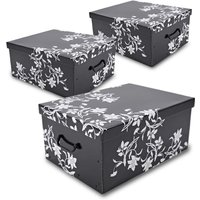 Spetebo - 3er Set Aufbewahrungsbox mit Deckel 51 x 37 cm - Schwarz mit Blumenmuster - Stapelbox aus Pappe mit Griffen 45 l - Organizer Storage Box von SPETEBO